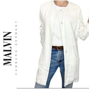 Malvin Germany 100% Linen Thick Spring Blazer Jacket Snap Button Longline White